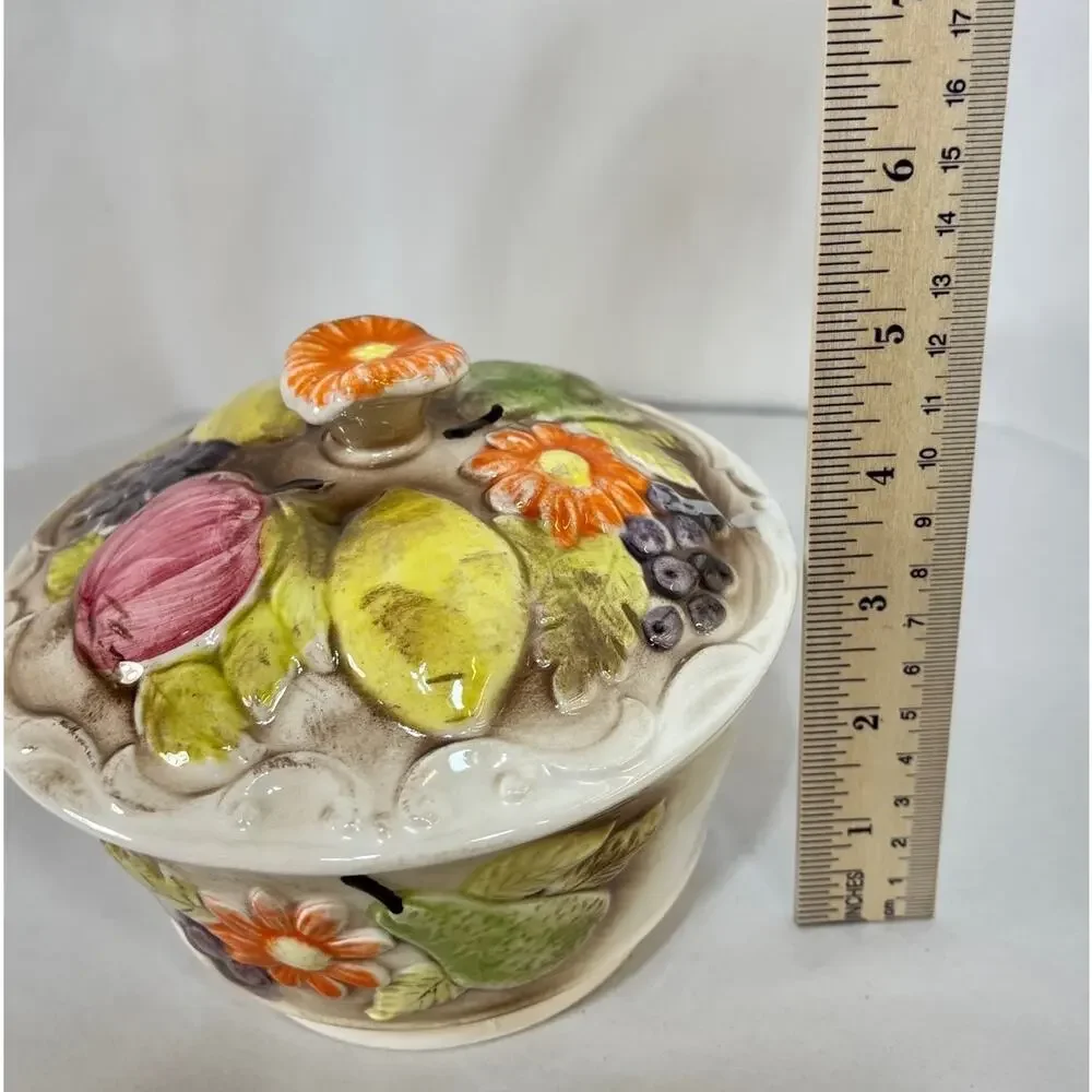 Covered Dish Ceramic Retro Raised Fruit & Floral Pattern Candy Sugar Vintage
